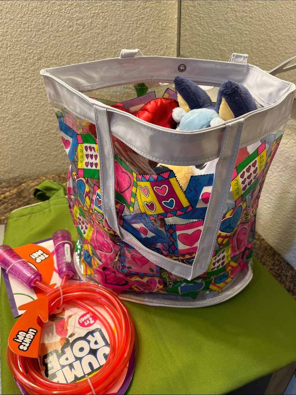 Clear PVC Tote Bag with Colorful Heart Patchwork Print